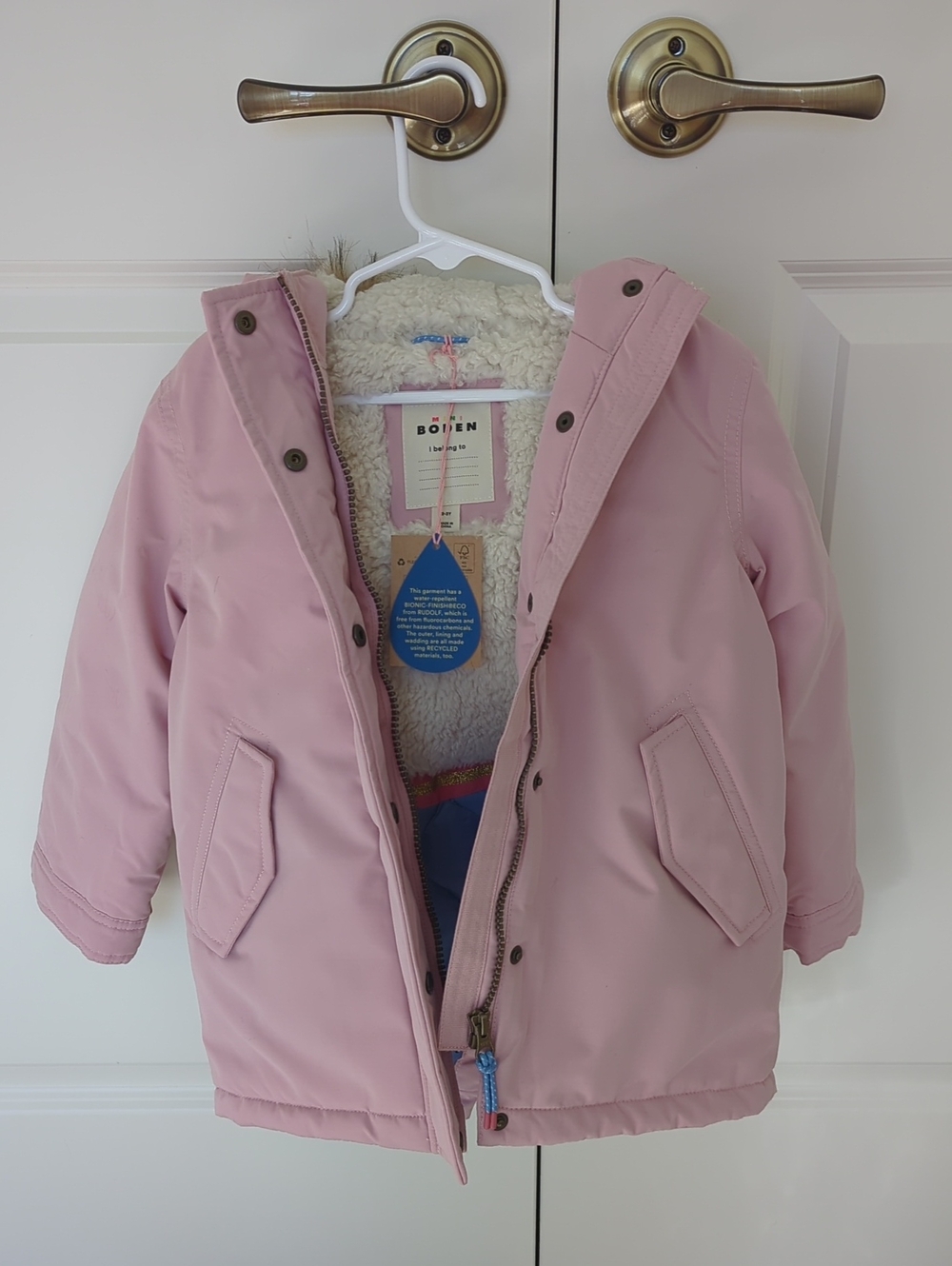 Boden Light Pink Fleece-Lined Hooded Puffer Jacket
